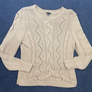 Talbots Sweater Womens Large Petite Beige Cable Knit Crew Neck Pullover